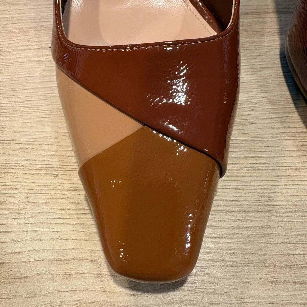 Ninety Union Womens Brown Colorblock Patent Geometric Block Heel Square Toe Pump